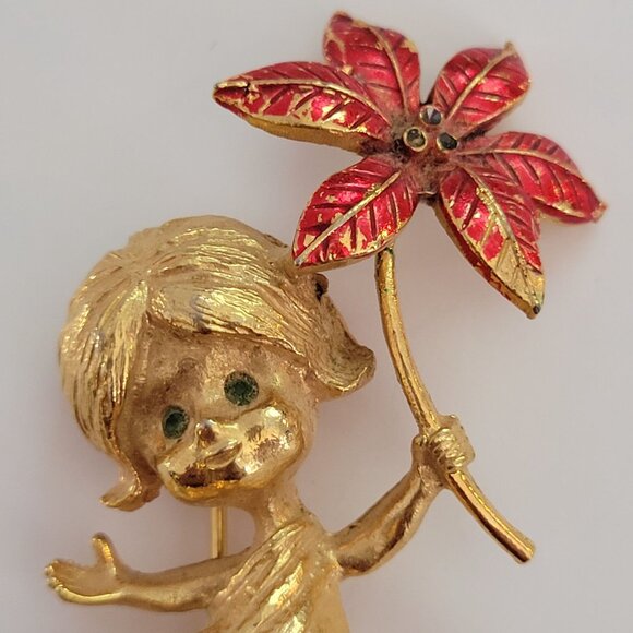 Vintage Gold-Tone Brooch Pin With Enamel Red Flower Gerrys Green Rhinestone Eyes - Picture 2 of 5
